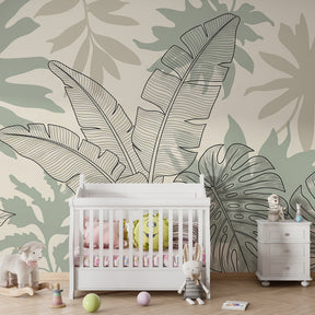 Nature-inspired tropical leaves wallpaper transforming children's playroom into botanical sanctuary