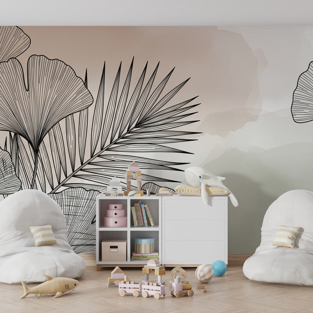 Botanical tropical leaves wallpaper transforming kids playroom into peaceful nature space