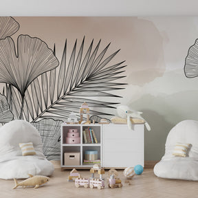 Botanical tropical leaves wallpaper transforming kids playroom into peaceful nature space