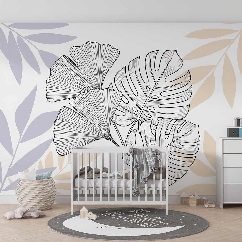 Nature-inspired tropical wallpaper with pastel accents in kids playroom setting