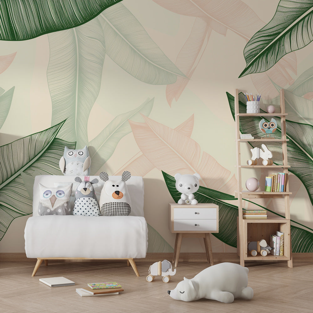 Botanical kids room wallpaper with tropical leaves creating peaceful play space atmosphere