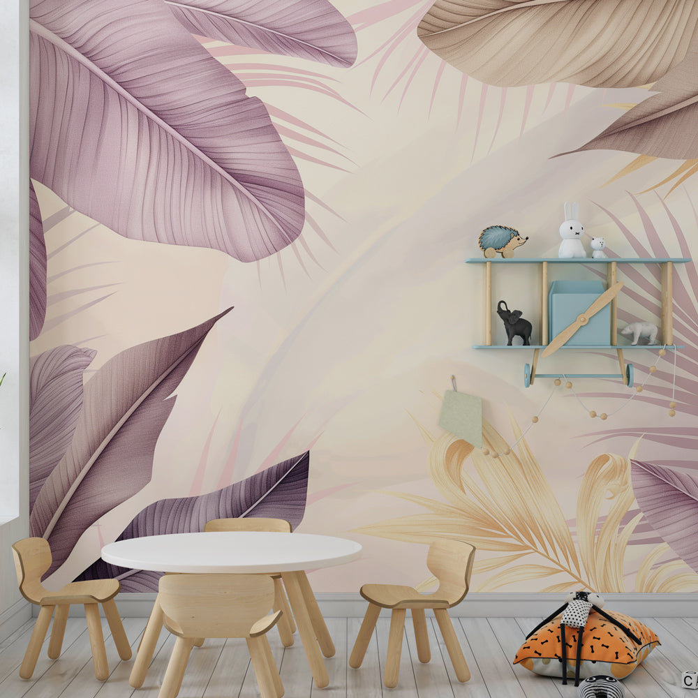 Tropical botanical mural wallpaper for children's room featuring soft watercolor leaf patterns