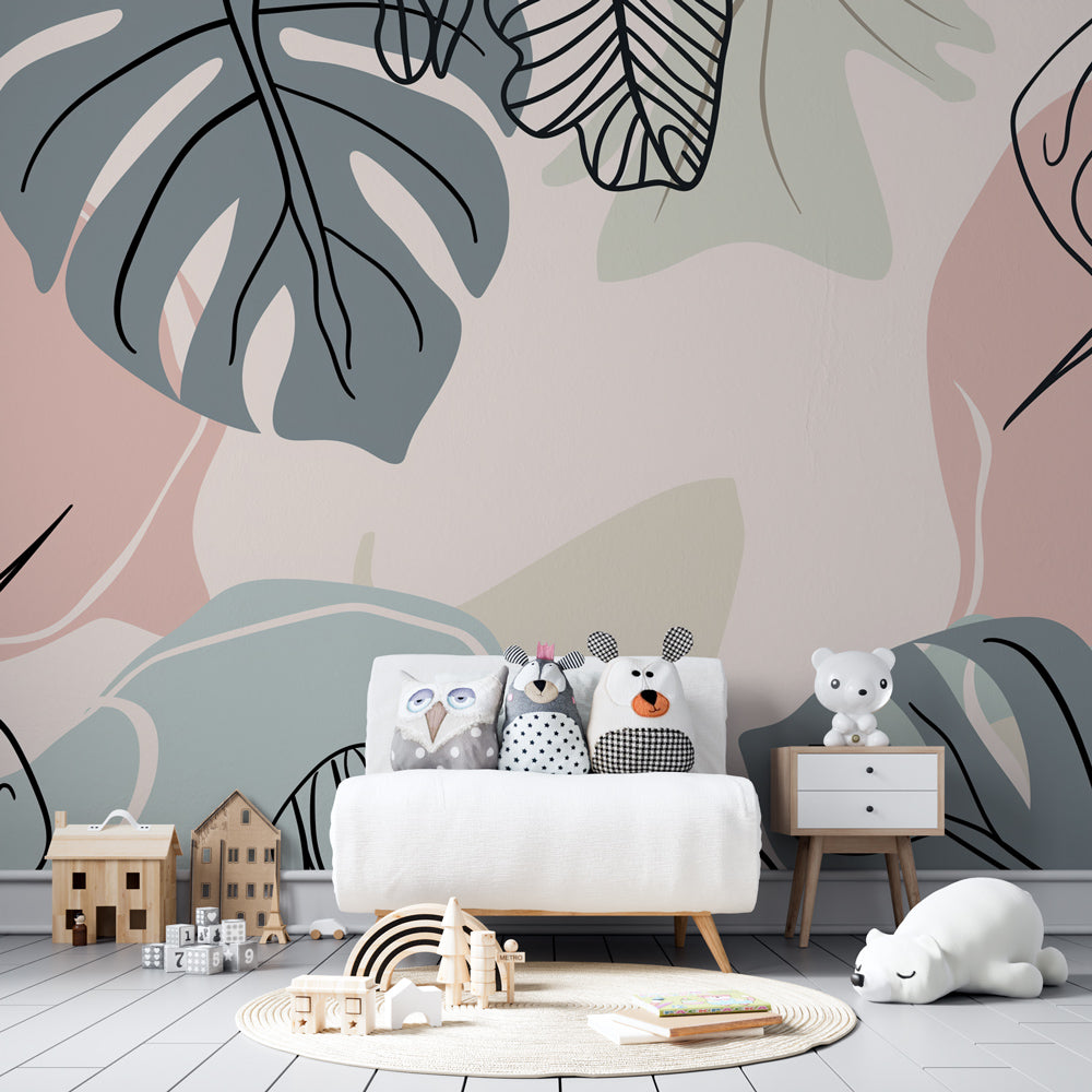 Pastel tropical leaf wallpaper creating serene atmosphere in kids room decor