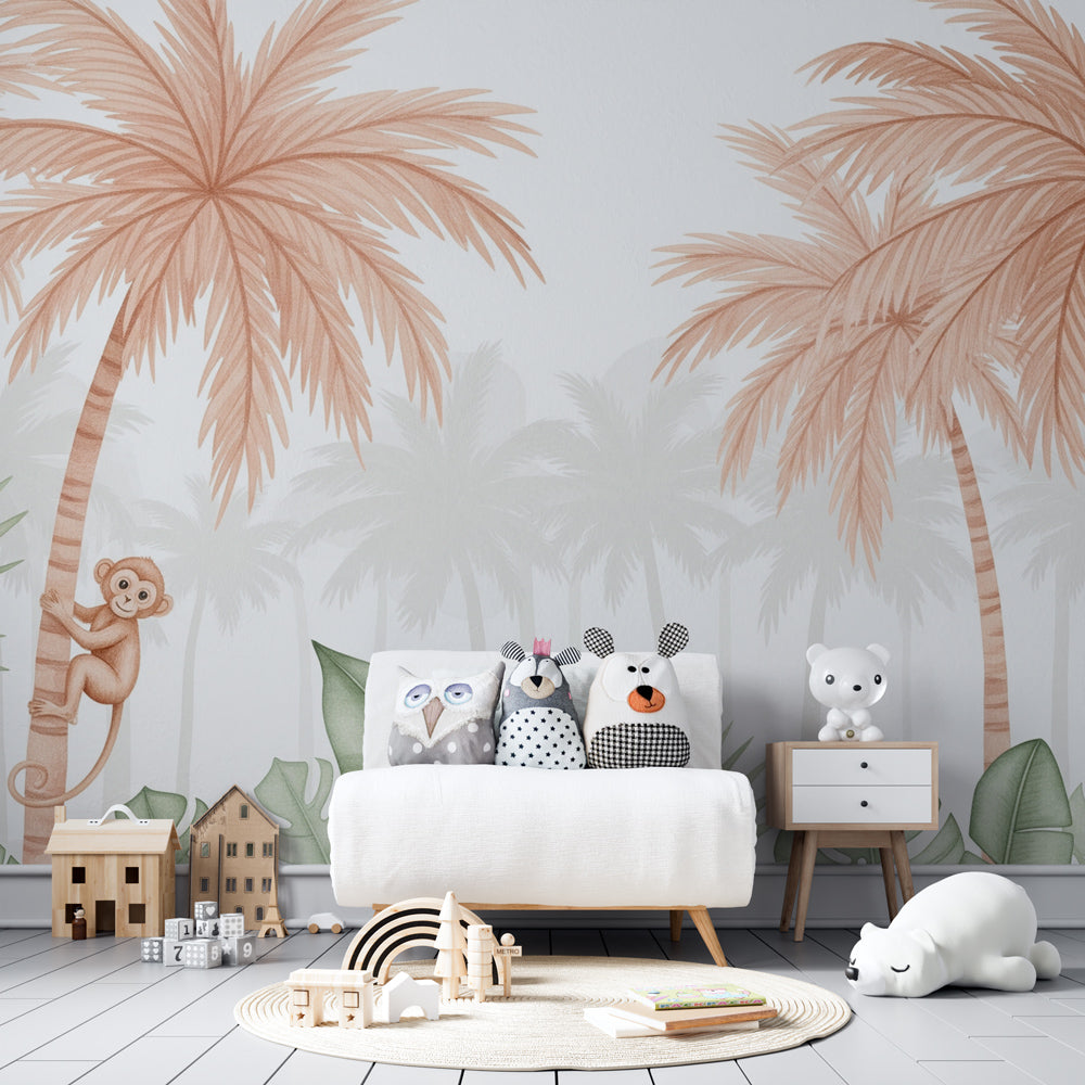 Gentle jungle themed mural wallpaper with monkey character for children's room decor