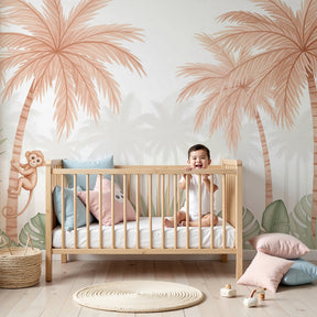 Tropical monkey mural wallpaper in modern baby nursery with natural wood crib by Kids-Mundo