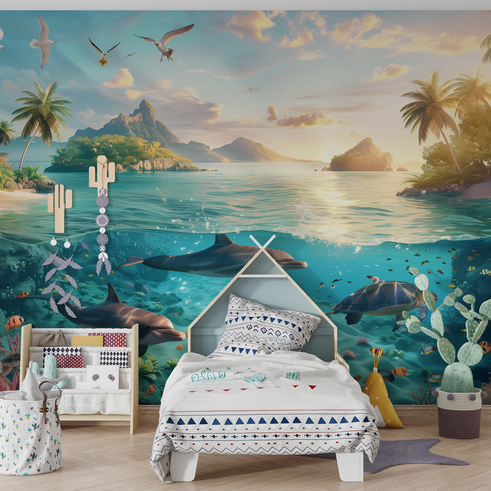 Kids-Mundo dolphin and sea turtle wall mural in an ocean-themed kids' bedroom setting.