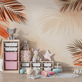 Tropical palm leaf wallpaper creating serene atmosphere in modern kids bedroom with natural decor