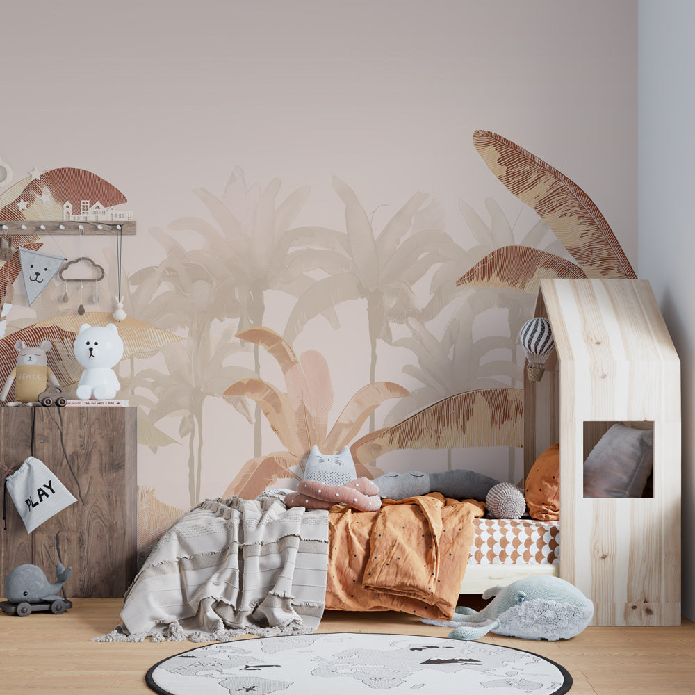 Elegant tropical palm wallpaper in modern children's bedroom with natural wood furniture