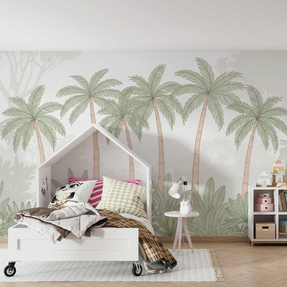 Botanical palm tree mural wallpaper for peaceful nursery decor by Kids-Mundo