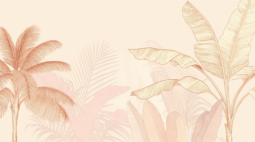 Detailed tropical palm trees mural wallpaper design pattern in pink beige by Kids-Mundo