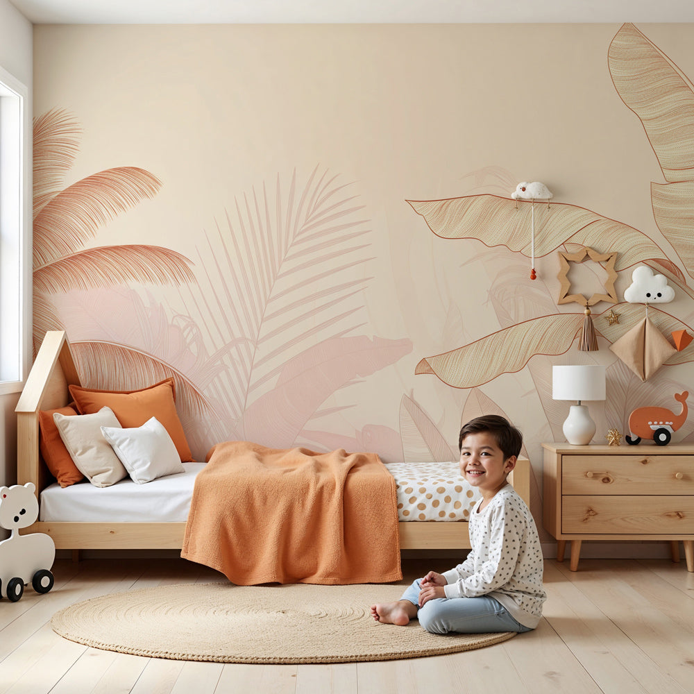 Tropical palm mural wallpaper in pink beige tones decorating serene nursery by Kids-Mundo