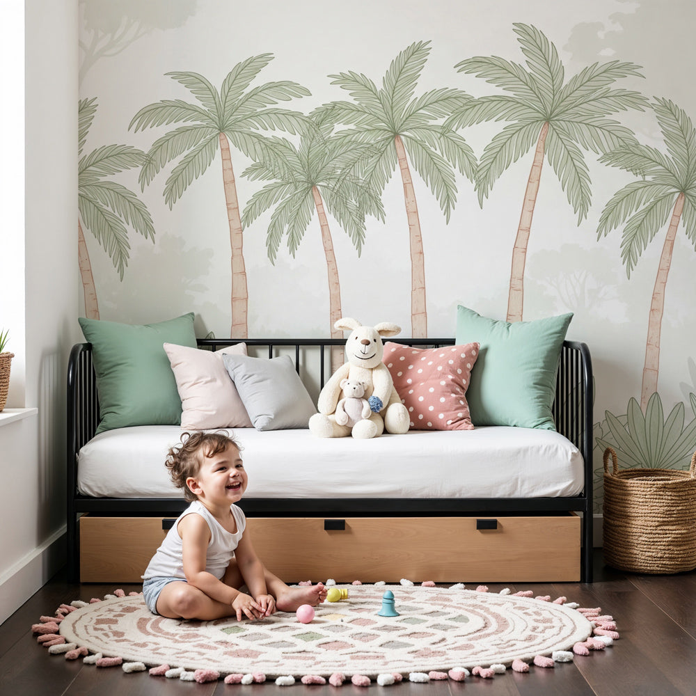 Tropical palm mural wallpaper in modern nursery with natural wood crib by Kids-Mundo