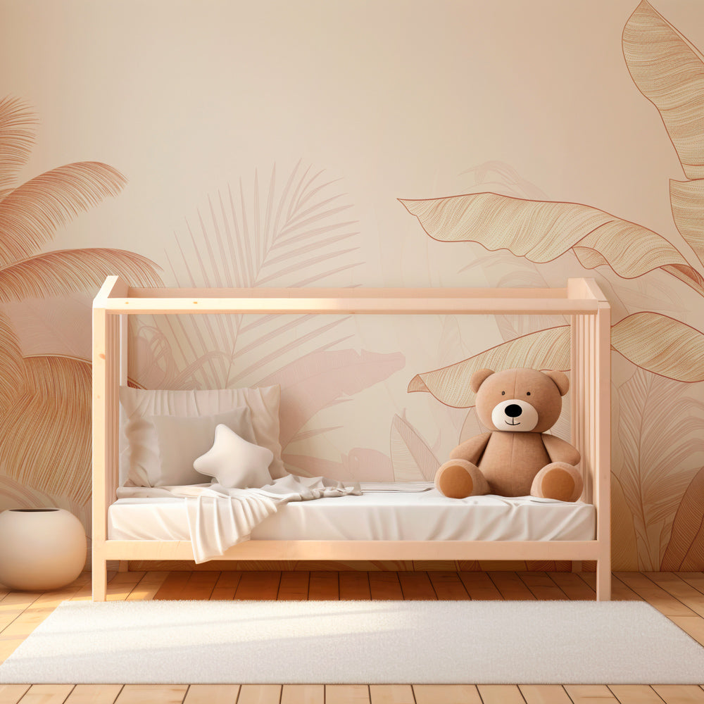 Botanical palm tree wallpaper transforming kids playroom with tropical elegance by Kids-Mundo
