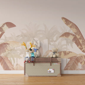 Botanical palm leaf wallpaper transforming kids playroom into peaceful tropical retreat