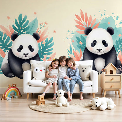 Kids-Mundo panda wall mural in a cream nursery, made to measure with two cuddly pandas among tropical leaves.