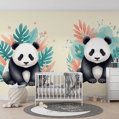 Kids-Mundo panda wall mural brightening a playroom with playful pandas and coral tropical foliage.