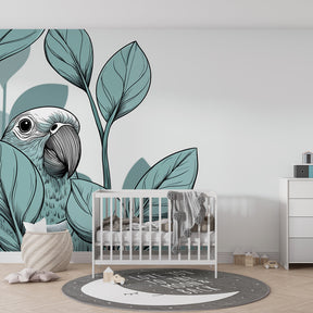 Green tropical wallpaper with parrot design transforming children's bedroom into peaceful jungle sanctuary