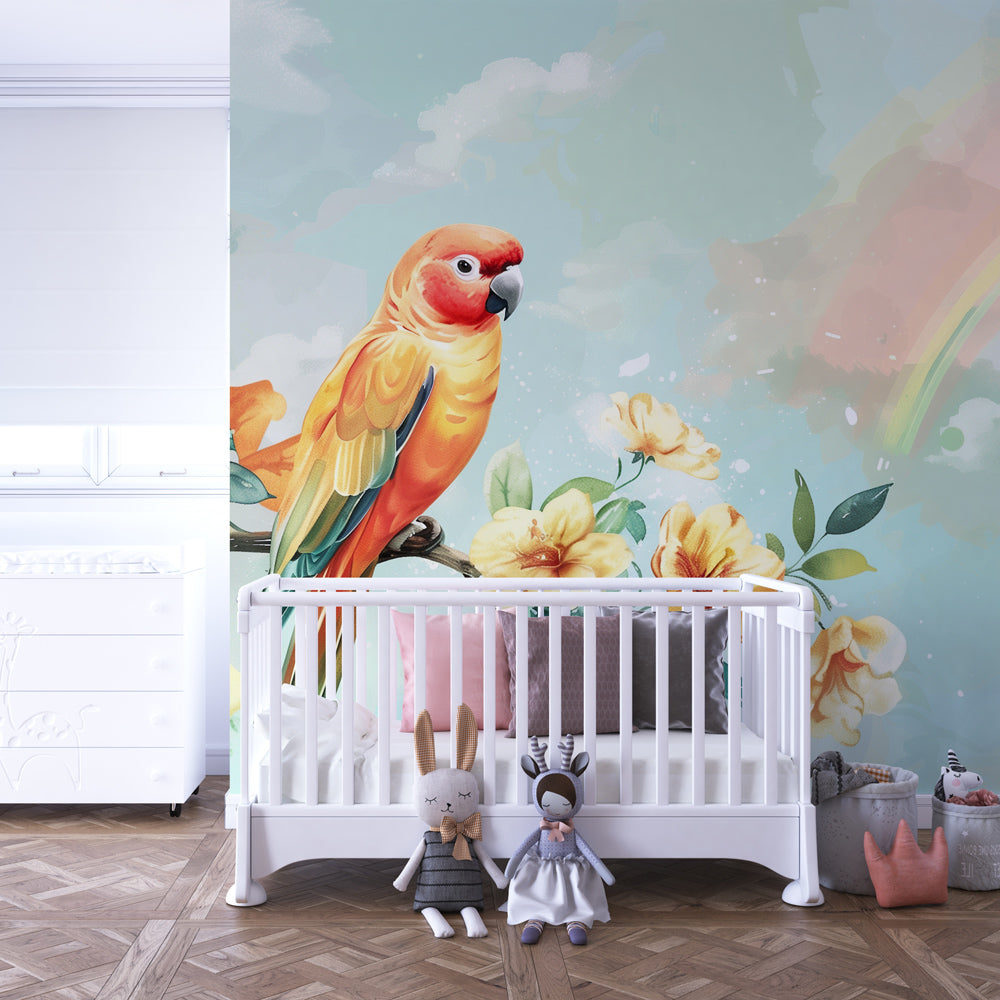 Colorful parrot and floral mural wallpaper transforming modern kids bedroom by Kids-Mundo