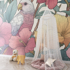 Colorful parrot and tropical flowers wallpaper creating jungle theme in kids bedroom