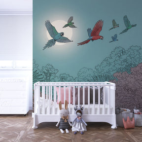 Jungle parrot wallpaper creating magical children's bedroom atmosphere with natural decor