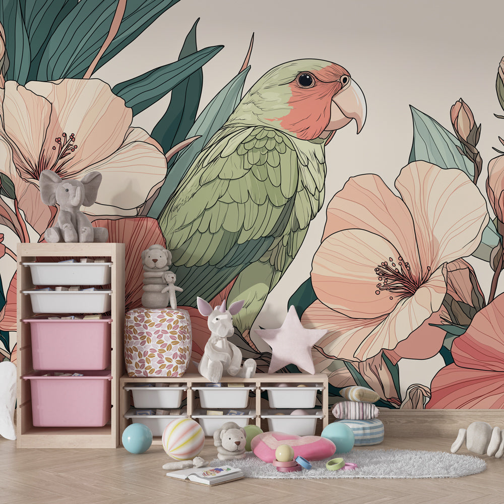 Floral parrot wallpaper creating serene tropical atmosphere in children's bedroom