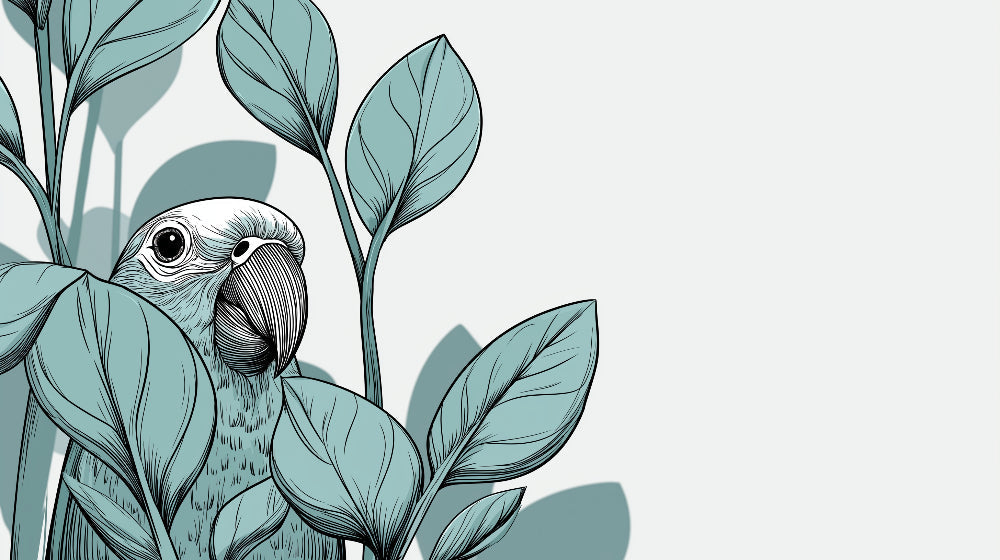 Detailed tropical parrot and botanical leaves mural wallpaper design pattern by Kids-Mundo