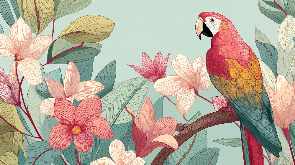 Detailed tropical parrot and exotic flowers mural wallpaper design pattern by Kids-Mundo