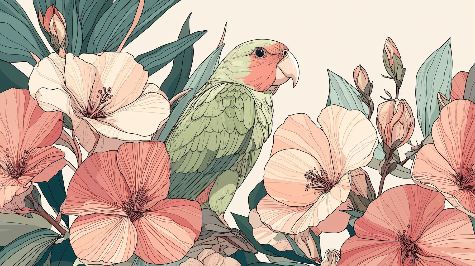 Detailed tropical parrot and floral mural wallpaper design pattern by Kids-Mundo