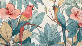 Detailed tropical parrot mural wallpaper design pattern showing colorful birds and flowers by Kids-Mundo