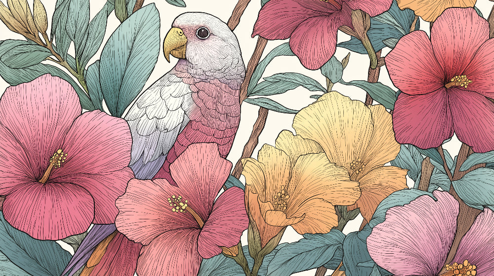 Detailed tropical parrot and hibiscus flowers mural wallpaper design pattern by Kids-Mundo