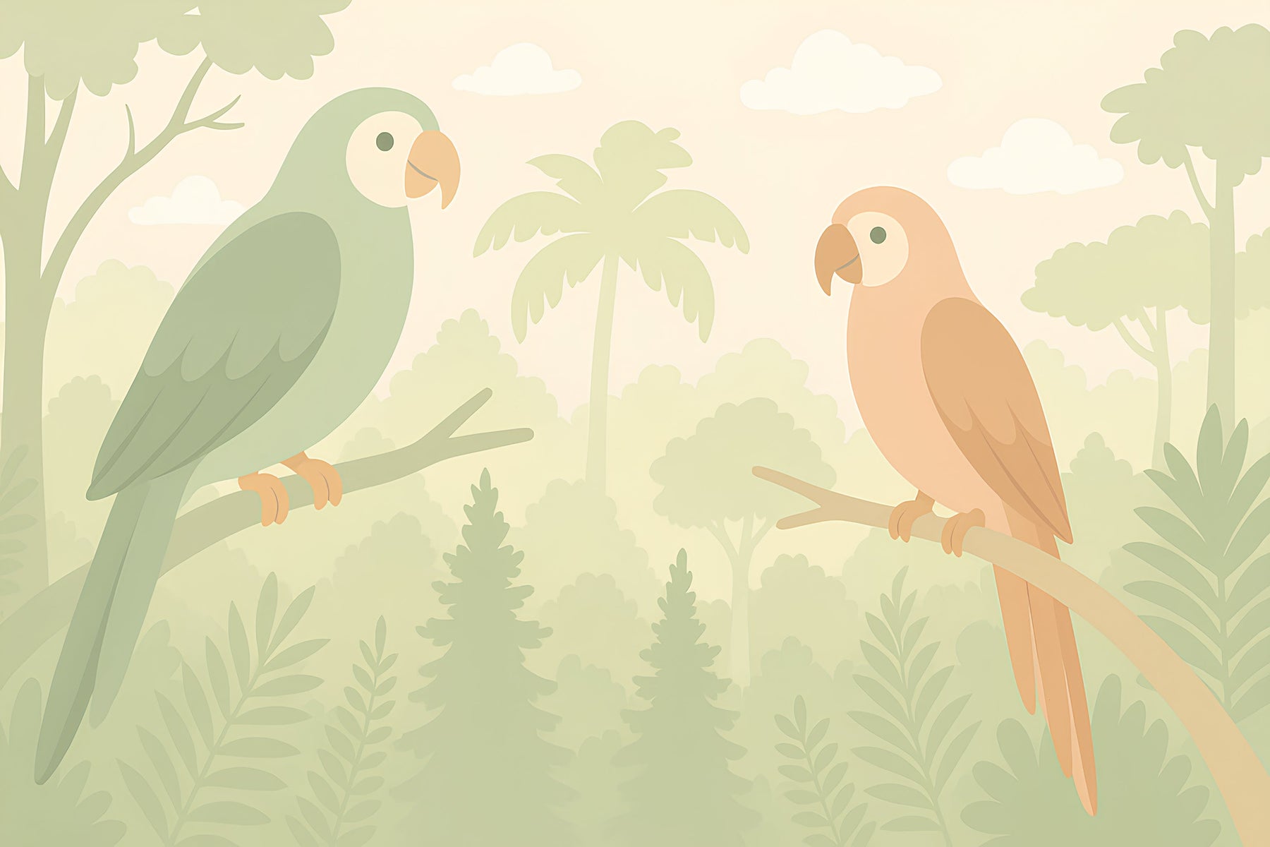 Detailed tropical parrot and jungle foliage mural wallpaper design pattern by Kids-Mundo