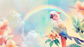Detailed tropical parrot mural wallpaper design pattern with pastel rainbow garden by Kids-Mundo