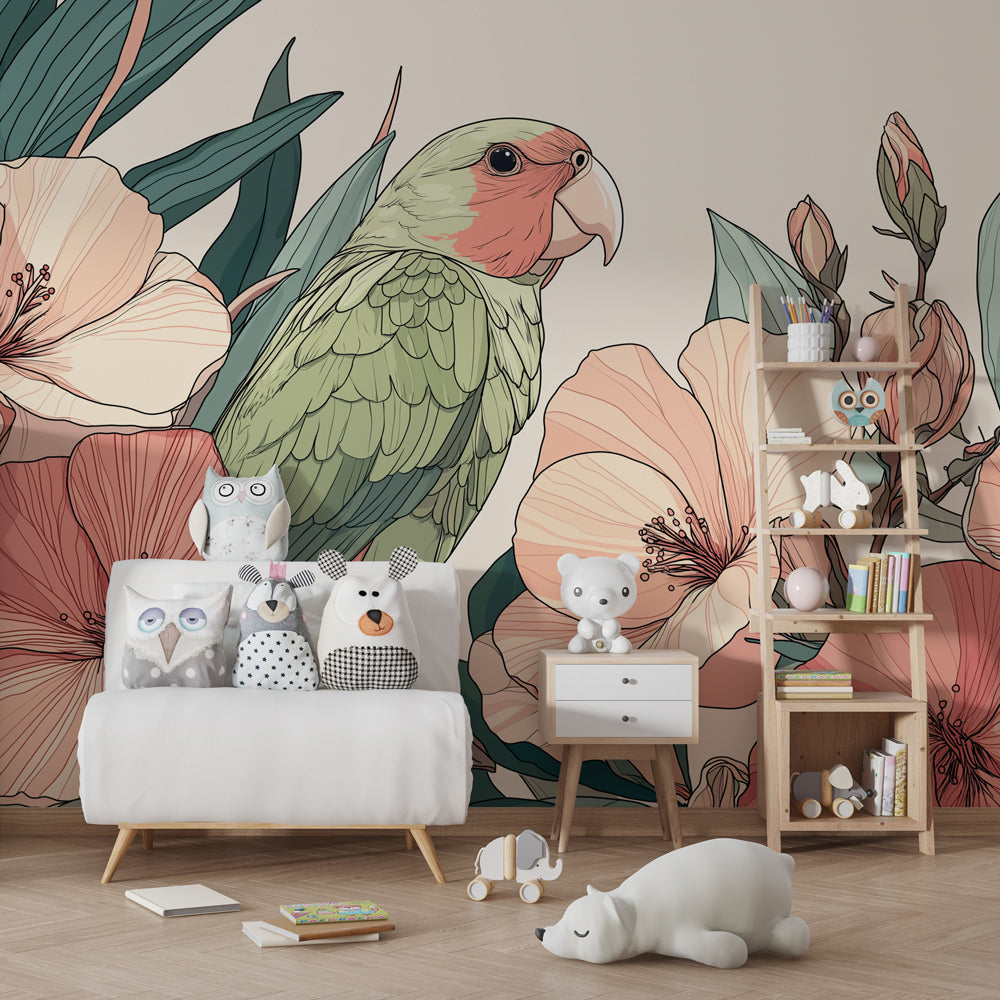 Tropical garden mural wallpaper with parrot and flowers for kids room by Kids-Mundo