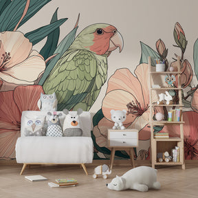 Tropical garden mural wallpaper with parrot and flowers for kids room by Kids-Mundo