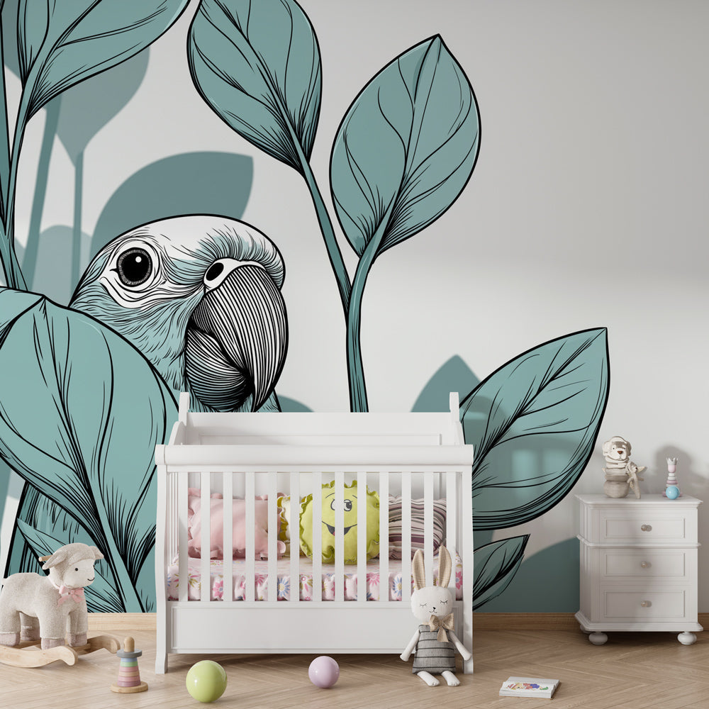 Botanical parrot mural wallpaper for kids room featuring soothing blue and green tropical foliage design
