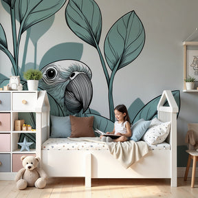 Tropical parrot mural wallpaper creating jungle-themed nursery decor with green botanical leaves by Kids-Mundo