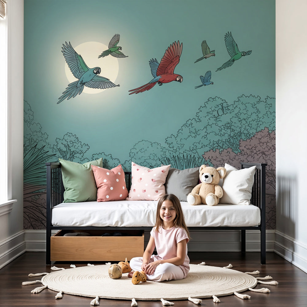 Tropical parrot mural wallpaper in moonlit nursery setting by Kids-Mundo