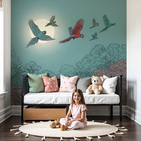 Tropical parrot mural wallpaper in moonlit nursery setting by Kids-Mundo