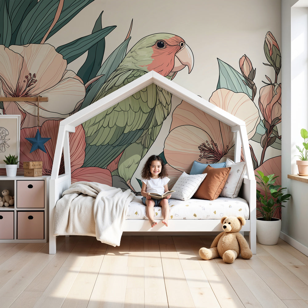 Tropical parrot mural wallpaper with delicate flowers in modern nursery by Kids-Mundo