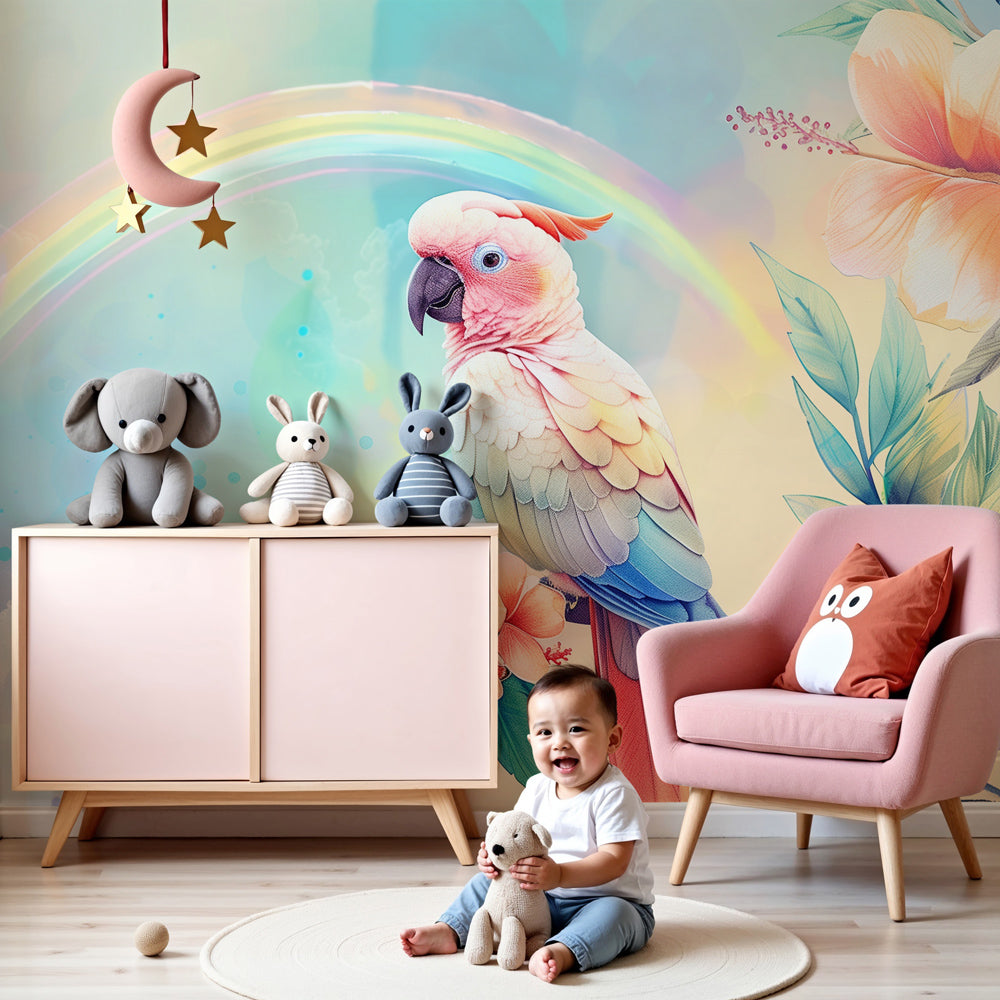 Tropical parrot mural wallpaper with rainbow creating magical nursery atmosphere by Kids-Mundo