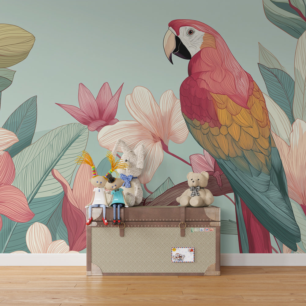Exotic bird mural wallpaper with pink flowers creating vibrant kids playroom decor