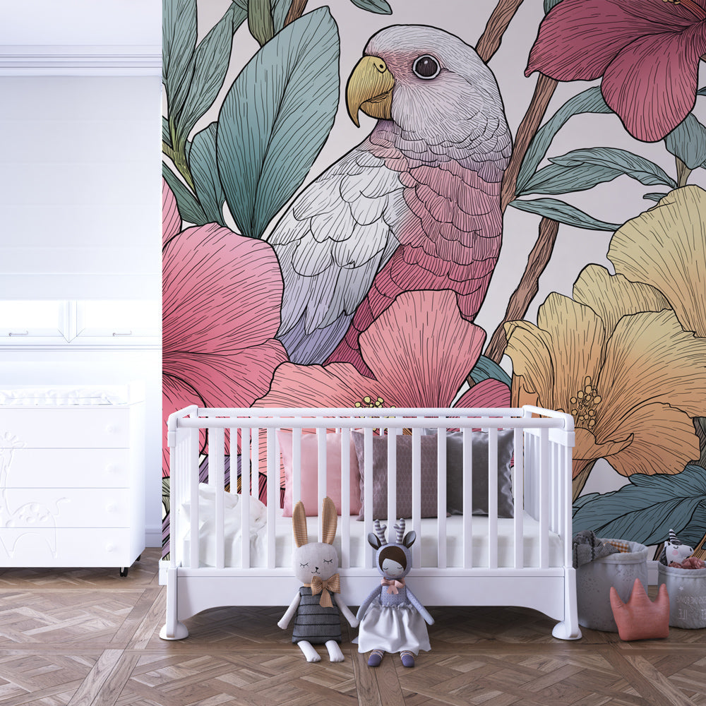 Vibrant tropical bird wallpaper transforming children's playroom into paradise adventure