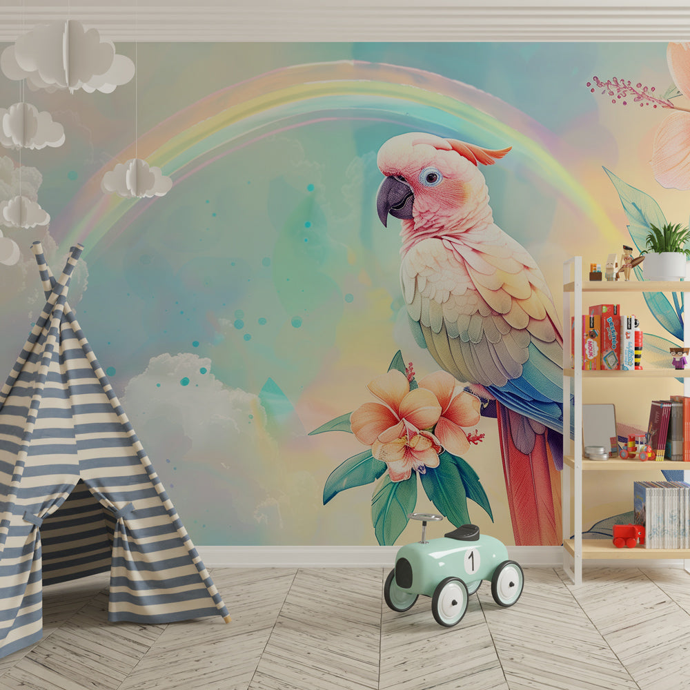 Rainbow tropical parrot mural wallpaper transforming children's playroom into jungle paradise