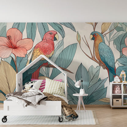 Kids-Mundo colourful parrot and hibiscus wall mural on a feature wall in a kids bedroom
