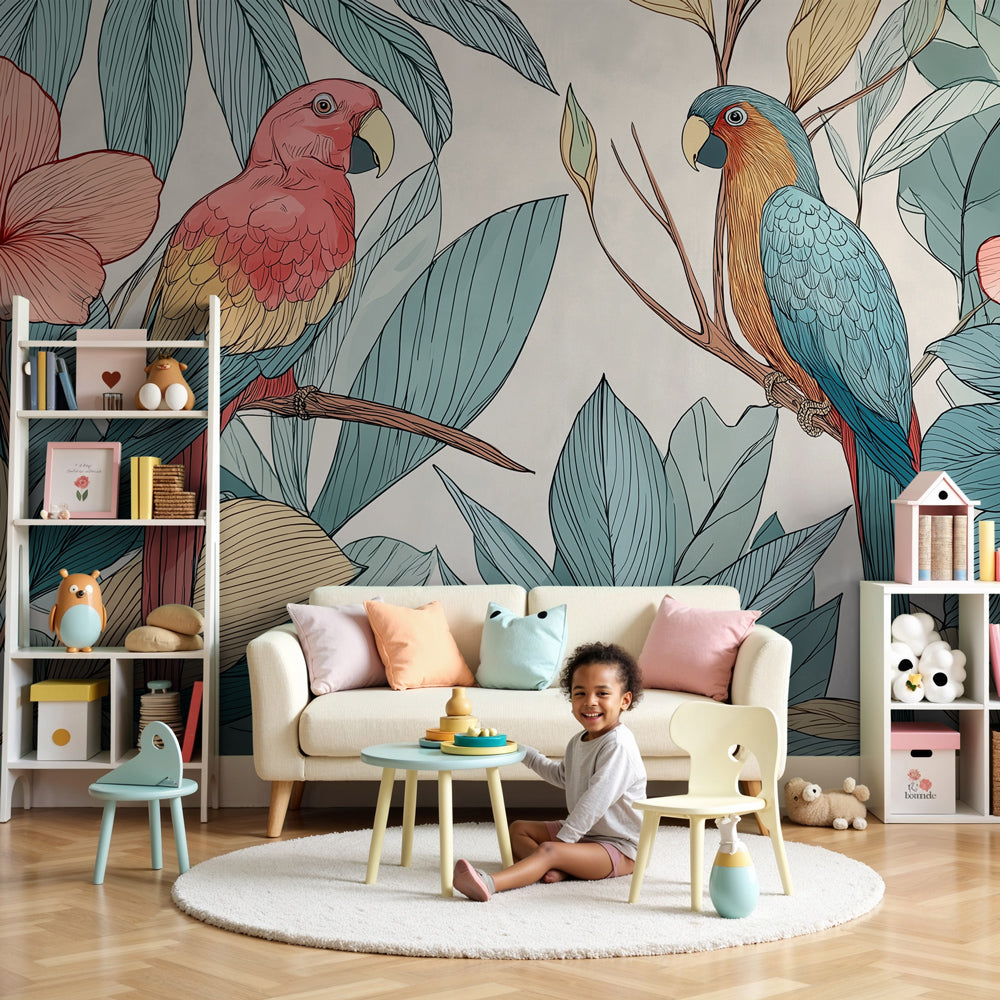 Kids-Mundo tropical parrot wall mural with hibiscus flowers styled in a soft cream nursery