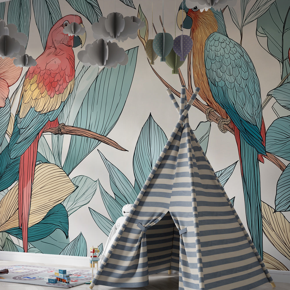 Kids-Mundo tropical parrot wall mural brightening a light and airy playroom wall