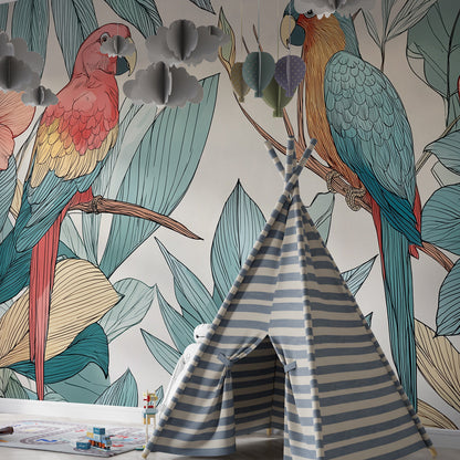 Kids-Mundo tropical parrot wall mural brightening a light and airy playroom wall
