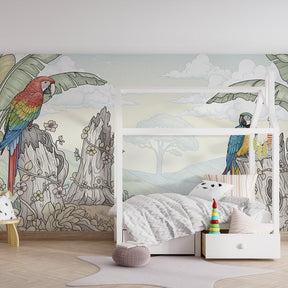 Colorful parrot wallpaper transforming children's bedroom into tropical adventure space