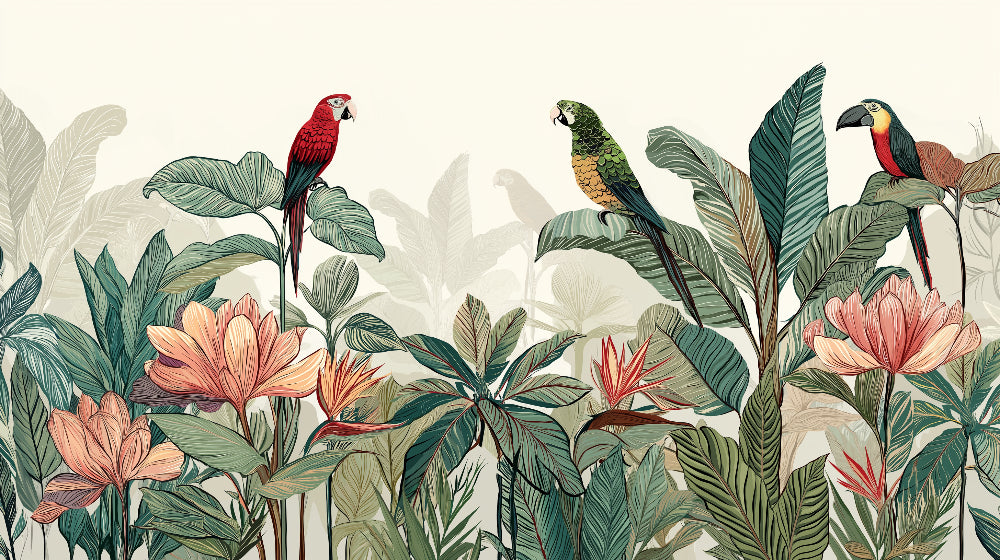 Detailed tropical birds mural wallpaper design pattern with parrots and exotic foliage by Kids-Mundo