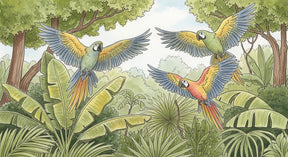 Detailed tropical parrots mural wallpaper design pattern showing colorful jungle birds by Kids-Mundo
